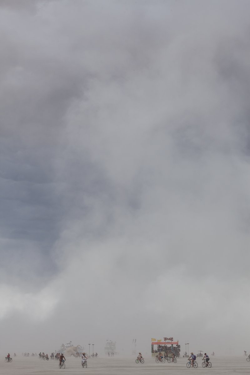 Burners with swirling dust overhead.