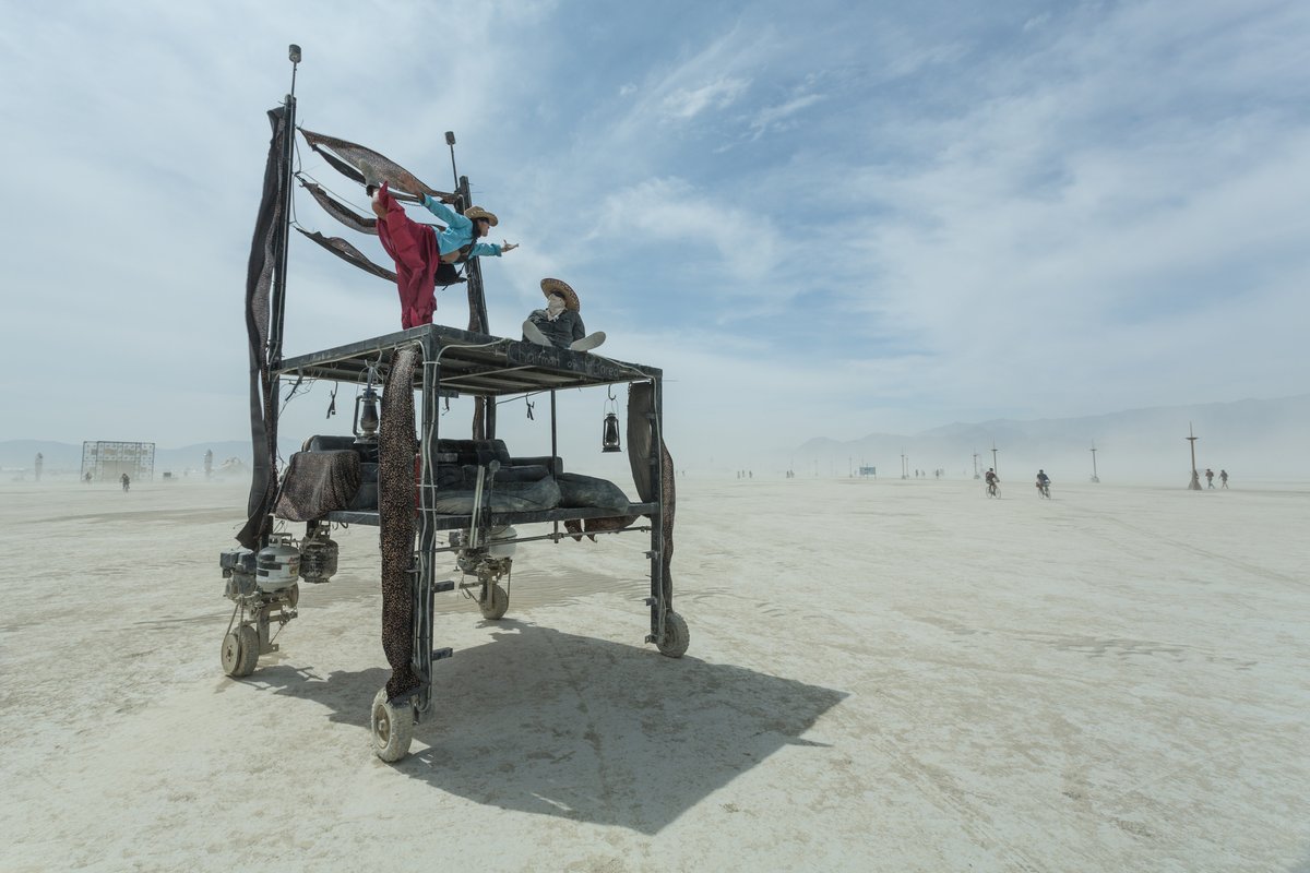 Two Burners On The Chairman Of The Bored Art Car / Mutant Vehicle Burning Man 2014