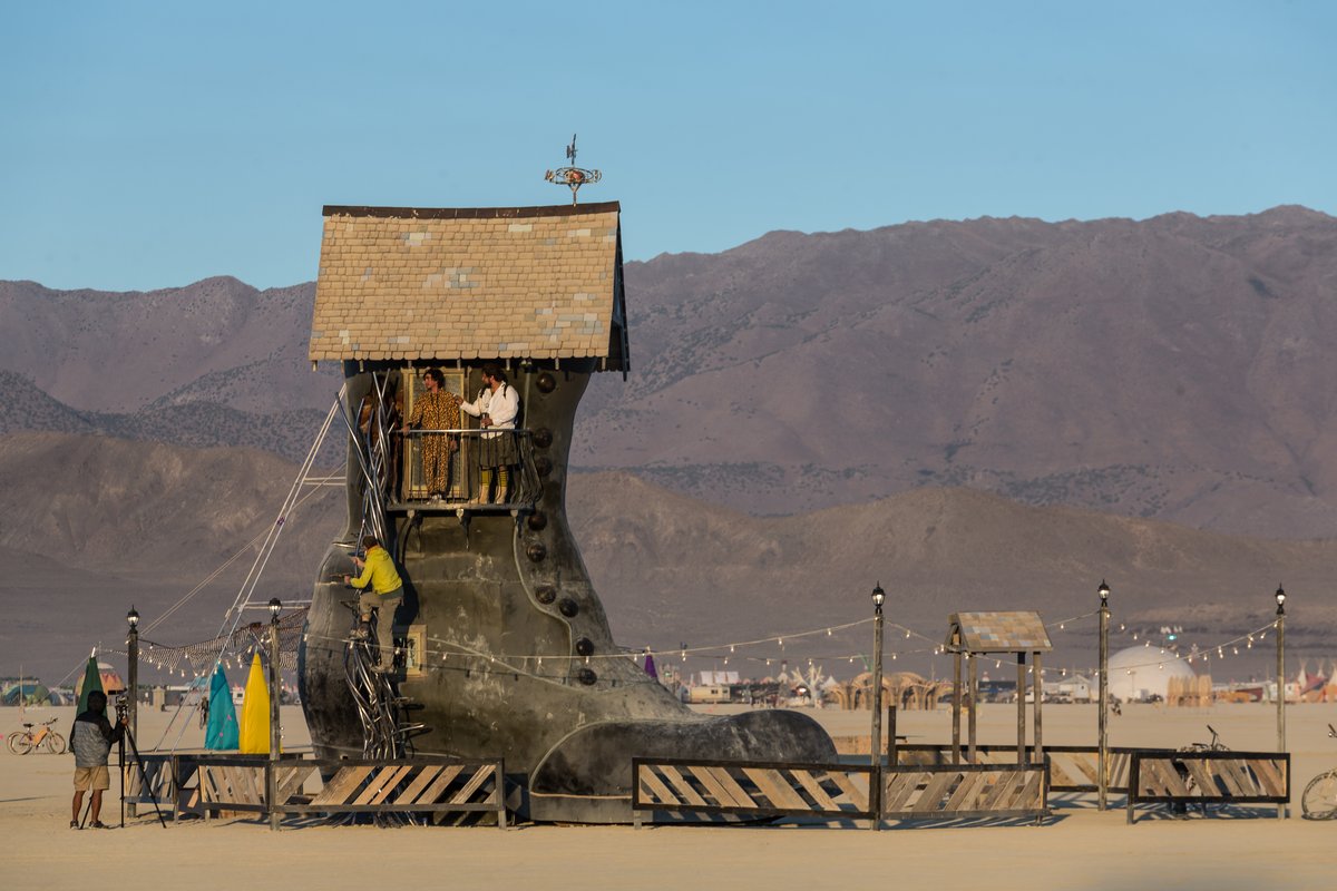 Storied Haven (A giant metal boot created by the Oakland-based artist collective known as Five Ton Crane.