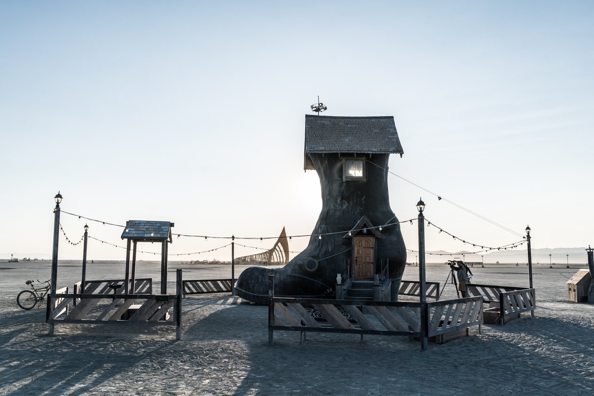 Storied Haven (A giant metal boot created by the Oakland-based artist collective known as Five Ton Crane.