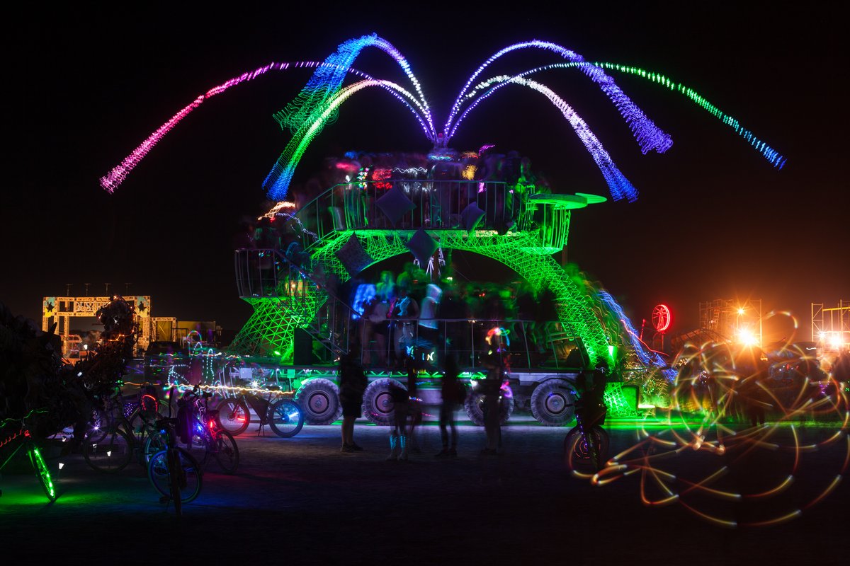 I really loved how this mutant vehicle (name unknown) had a flowing bouncy organic feel to it. As people dance on it the whole thing feels alive and flowing. The lights on top move and bounce around. Not sure what it's called but it's great.