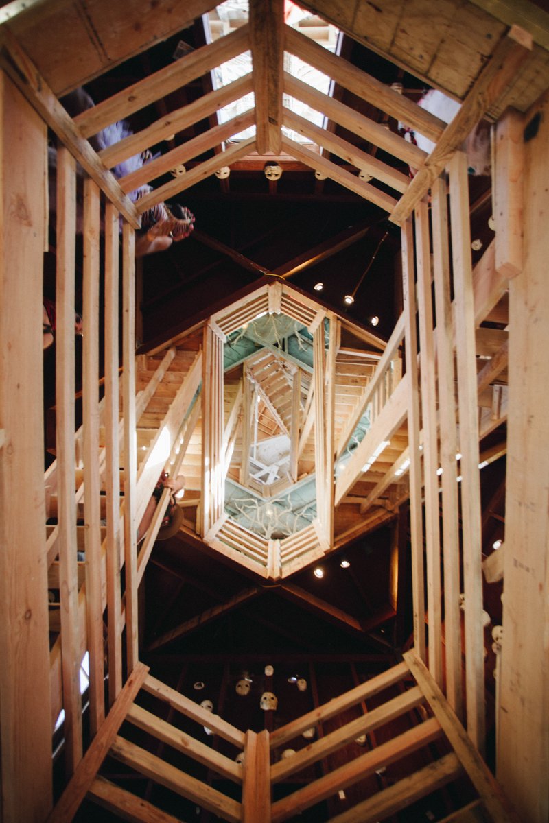 View looking up inside the tallest one of the towers at The Black Rock Lighthouse by Jonny and Max Poynton