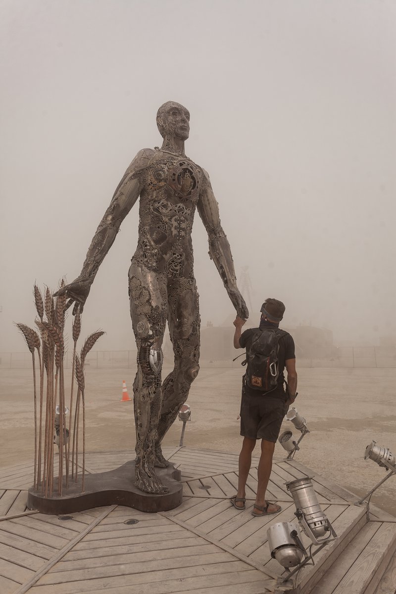 Passage by: Dana Albany from: San Francisco, CA year: 2018 Passage is an installation of a man, in a captive gesture, leisurely walking while its hand sweeps through stalks of wheat. The sculpture clearly highlights characteristics of a human form; muscle, sinuous tendon, sculpted hands, feet. Yet, it's a composite of mechanical debris and steel. Viewers may hypothesize, is this a man? is it part robot? and what is the blurry fine-line between each? The other huge component is the presence of the wheat. It symbolizes abundance, life, fertility. It is food, subsistence, of which without, the human race would be extinct. Viewers can look closer at the inherent beauty of the human form, contemplate mechanics/technology or most importantly, be reminded of our absolute reliance on nature in the end.
