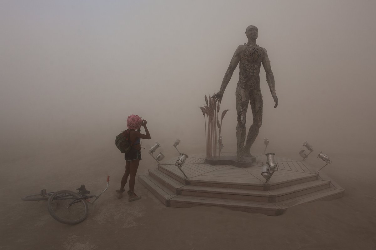 Passage by: Dana Albany from: San Francisco, CA year: 2018 Passage is an installation of a man, in a captive gesture, leisurely walking while its hand sweeps through stalks of wheat. The sculpture clearly highlights characteristics of a human form; muscle, sinuous tendon, sculpted hands, feet. Yet, it's a composite of mechanical debris and steel. Viewers may hypothesize, is this a man? is it part robot? and what is the blurry fine-line between each? The other huge component is the presence of the wheat. It symbolizes abundance, life, fertility. It is food, subsistence, of which without, the human race would be extinct. Viewers can look closer at the inherent beauty of the human form, contemplate mechanics/technology or most importantly, be reminded of our absolute reliance on nature in the end.
