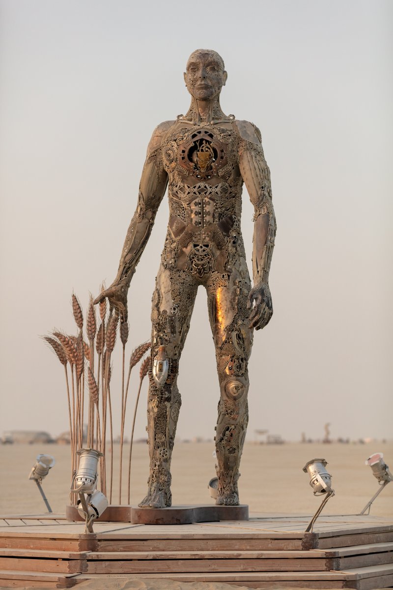 Passage by: Dana Albany from: San Francisco, CA year: 2018 Passage is an installation of a man, in a captive gesture, leisurely walking while its hand sweeps through stalks of wheat. The sculpture clearly highlights characteristics of a human form; muscle, sinuous tendon, sculpted hands, feet. Yet, it's a composite of mechanical debris and steel. Viewers may hypothesize, is this a man? is it part robot? and what is the blurry fine-line between each? The other huge component is the presence of the wheat. It symbolizes abundance, life, fertility. It is food, subsistence, of which without, the human race would be extinct. Viewers can look closer at the inherent beauty of the human form, contemplate mechanics/technology or most importantly, be reminded of our absolute reliance on nature in the end.