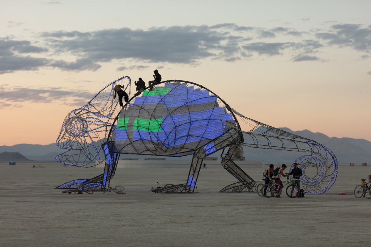 Come-Million! by: Amit Weissenstern from: Tel-Aviv, IS year: 2018 Come-Million is a giant colorful chameleon that shines up beautifully when playing interactively with her friends! Come-Million's skin is made of hundreds of tiles carrying thousands little lights. Their colors change in reaction to the participants' behavior inside, sensed through its pumping heart. A playful collaboration is demonstrated through the interaction between the people inside the chameleon, and passerby. Inside the chameleon there will be an interactive game that the visitors and the chameleon will participate in using a set of handles of different colors. Citizens of Black Rock City will sense and understand Come-Million's through its signals and listen to her heart - to help her shine with millions of colors.