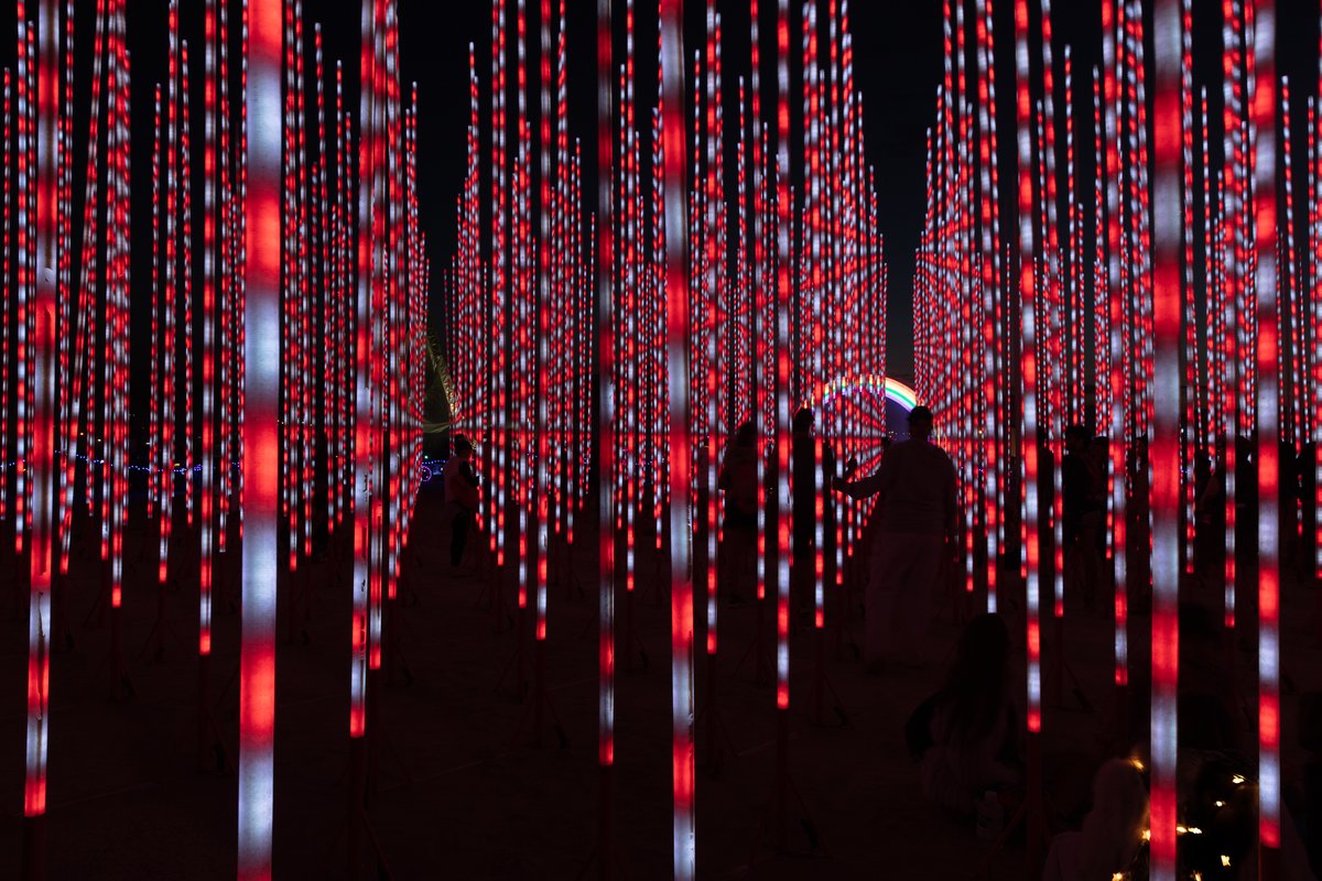 Hexatron by: Mark Lottor from: Menlo Park, CA year: 2018 A forest of 486 20ft tall LED light poles, arranged in a hexagon shape of approximately 90ft diameter, displaying 3D computer contr'd effects.