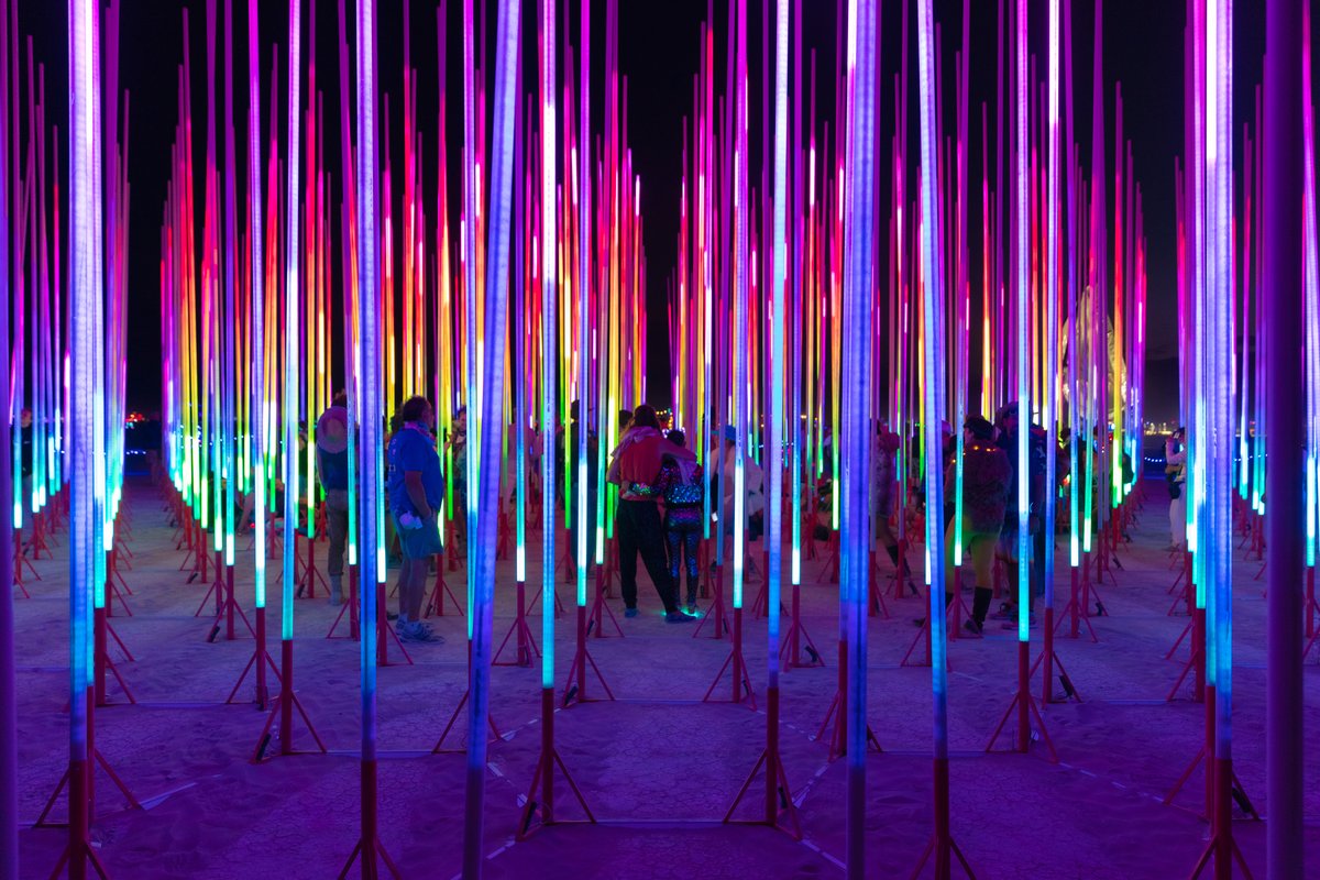 Hexatron by: Mark Lottor from: Menlo Park, CA year: 2018 A forest of 486 20ft tall LED light poles, arranged in a hexagon shape of approximately 90ft diameter, displaying 3D computer contr'd effects.