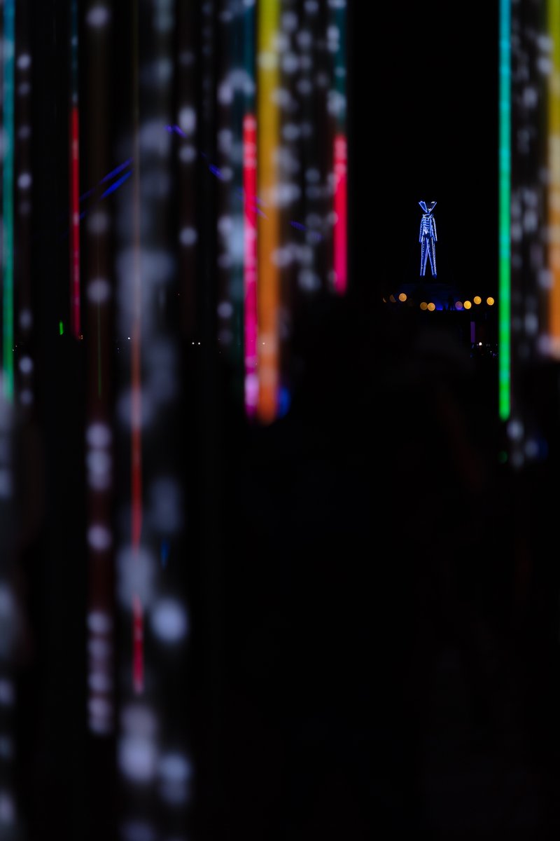 Hexatron by: Mark Lottor from: Menlo Park, CA year: 2018 A forest of 486 20ft tall LED light poles, arranged in a hexagon shape of approximately 90ft diameter, displaying 3D computer contr'd effects.
