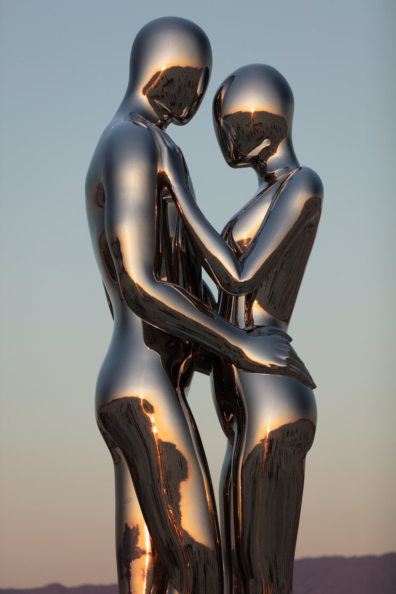 In Every Lifetime I Will Find You by: Michael Benisty, Love and Unity from: Brooklyn, NY year: 2018 A sculptural representation of Male and Female holding one another in a symbolic and universal position of caring in a display of Love and Unity. Measuring 25 feet tall and made out of mirror polished stainless steel.