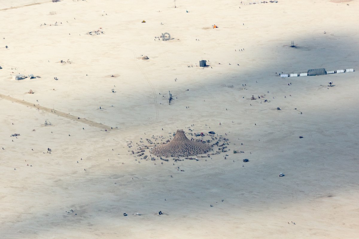 This aerial photograph of Black Rock City was shot on the morning of Friday August 31st, 2018 during Burning Man 2018. The pilot of the aircraft was Purple Haze.