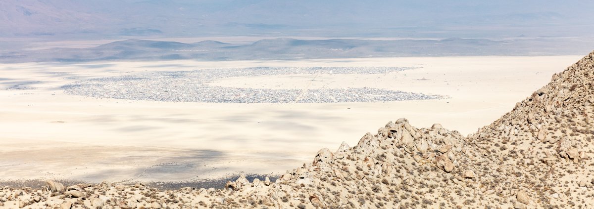 This aerial photograph of Black Rock City was shot on the morning of Friday August 31st, 2018 during Burning Man 2018. The pilot of the aircraft was Purple Haze.
