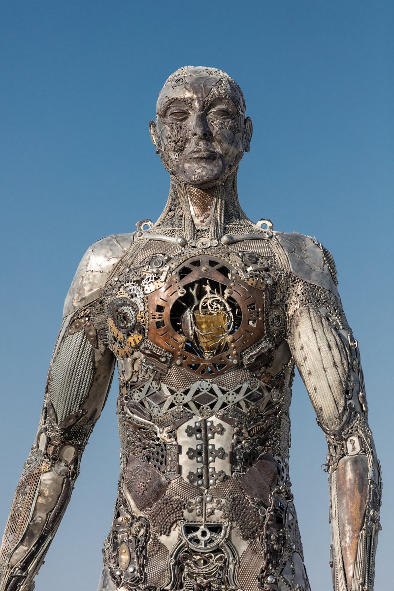 Passage by: Dana Albany from: San Francisco, CA year: 2018 Passage is an installation of a man, in a captive gesture, leisurely walking while its hand sweeps through stalks of wheat. The sculpture clearly highlights characteristics of a human form; muscle, sinuous tendon, sculpted hands, feet. Yet, it's a composite of mechanical debris and steel. Viewers may hypothesize, is this a man? is it part robot? and what is the blurry fine-line between each? The other huge component is the presence of the wheat. It symbolizes abundance, life, fertility. It is food, subsistence, of which without, the human race would be extinct. Viewers can look closer at the inherent beauty of the human form, contemplate mechanics/technology or most importantly, be reminded of our absolute reliance on nature in the end.