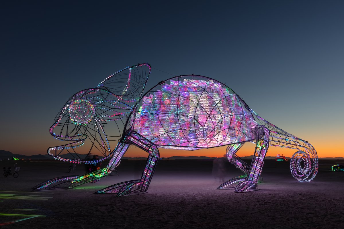 Come-Million! by: Amit Weissenstern from: Tel-Aviv, IS year: 2018 Come-Million is a giant colorful chameleon that shines up beautifully when playing interactively with her friends! Come-Million's skin is made of hundreds of tiles carrying thousands little lights. Their colors change in reaction to the participants' behavior inside, sensed through its pumping heart. A playful collaboration is demonstrated through the interaction between the people inside the chameleon, and passerby. Inside the chameleon there will be an interactive game that the visitors and the chameleon will participate in using a set of handles of different colors. Citizens of Black Rock City will sense and understand Come-Million's through its signals and listen to her heart - to help her shine with millions of colors.