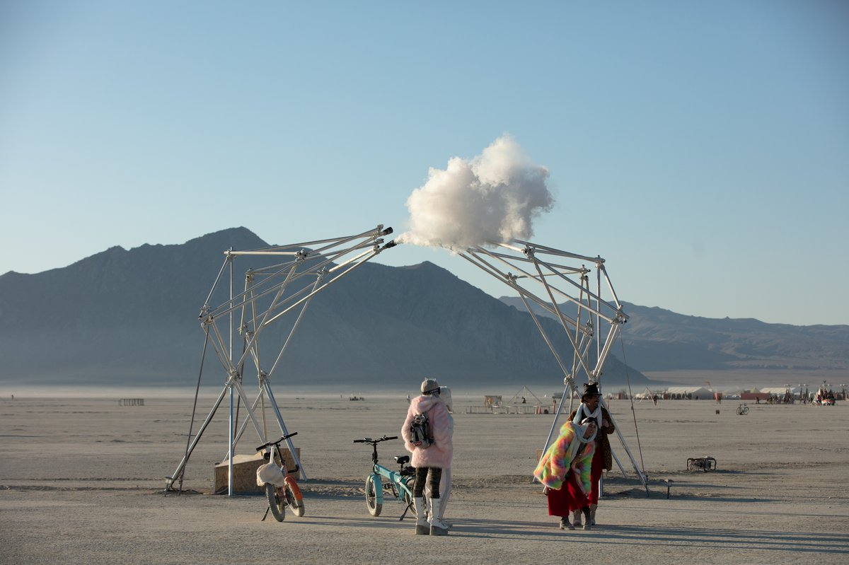 Ethereal Fleeting by: Lukas Truniger, Itamar Bergfreund & Bruce Yoder from: Zurich, Switzerland year: 2018 (This was one of my favorite pieces. Little tiny clouds would puff out and silently drift across the playa. Exquisite!)