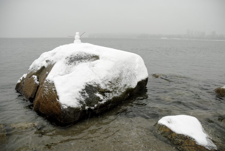 snowman on a rock in the water