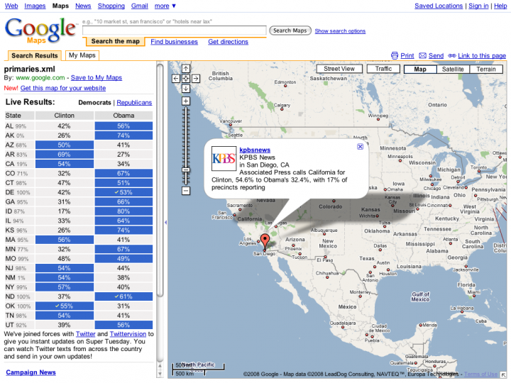 Super Tuesday on Google Maps and Twitter