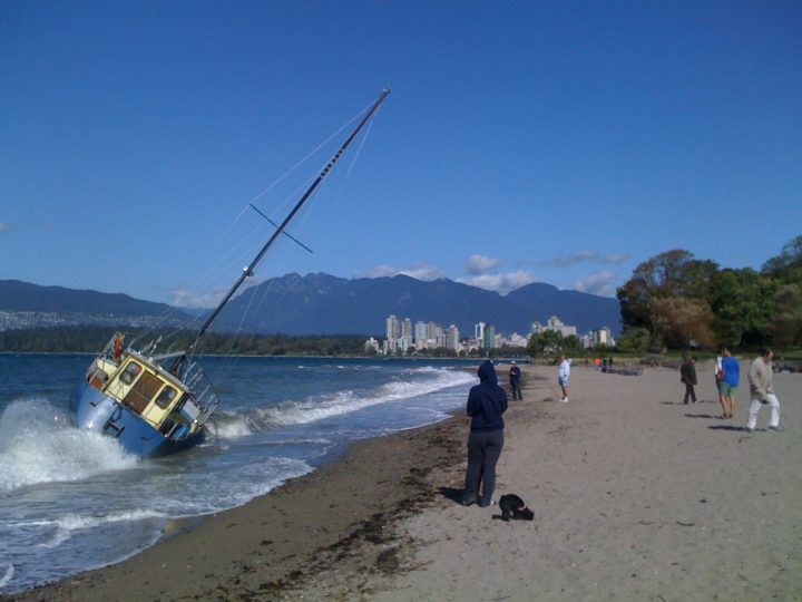 Better shot of sailboat washed up at Kits Beach