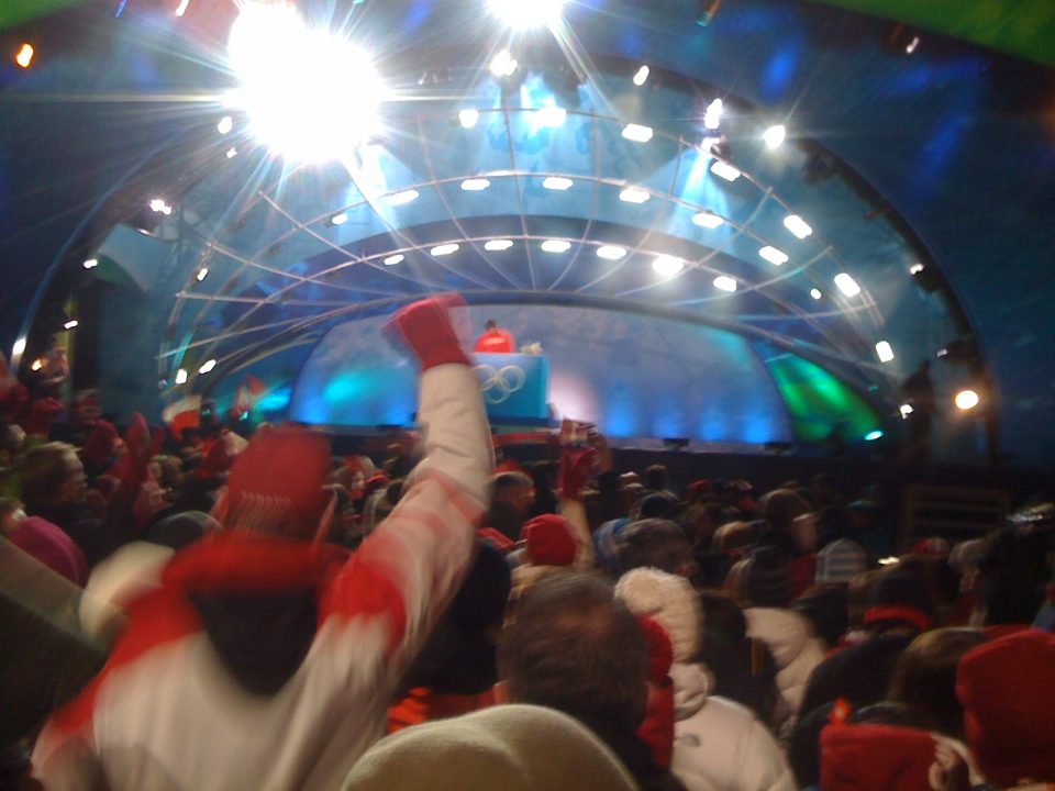 I'm at the Victory Ceremony in Whistler. DJ on now Gold medal soon. #van2010 #whistler