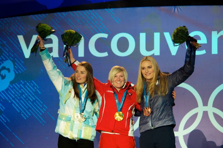 Tina Maze Andrea Fischbacher and Lindsey Vonn