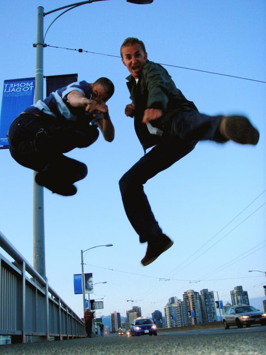 Rick and Jon Jumping on the Granville Bridge