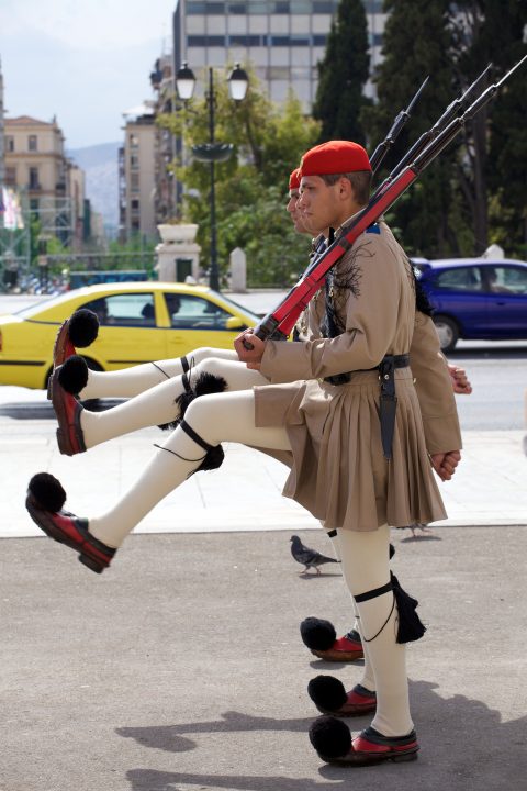 The Evzones Soldiers Outside Athens Greece Parliament
