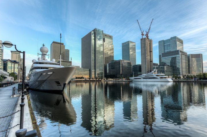 Yachts Parked At Canary Wharf