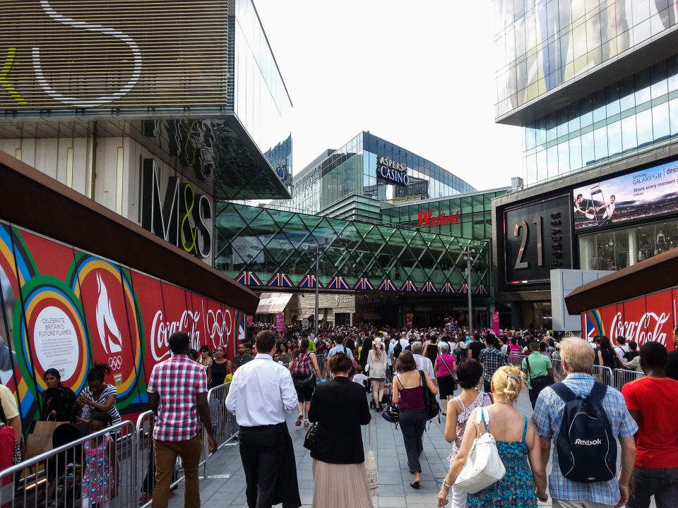 Crowds at Westfield Mall before the Opening Ceremony rehearsal. (cell phone photo)