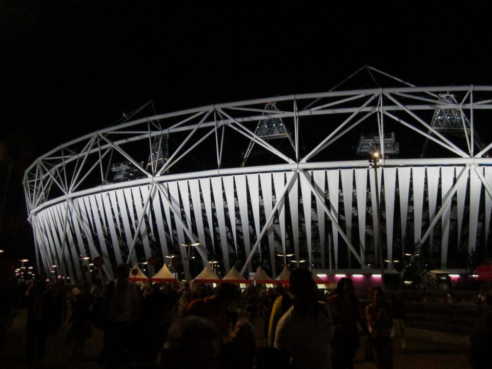 London’s Olympic Stadium at Night. (cell phone photo)