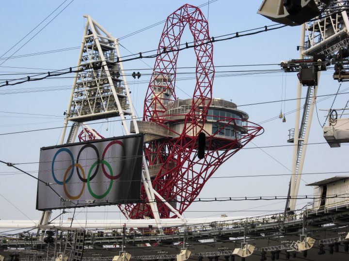 Orbit from inside the Olympic Stadium. Lots of wires and rigging for the opening ceremony… (cell phone photo)