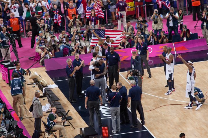 Mike Krzyzewski and Lebron James Hug London 2012 Olympics 0452