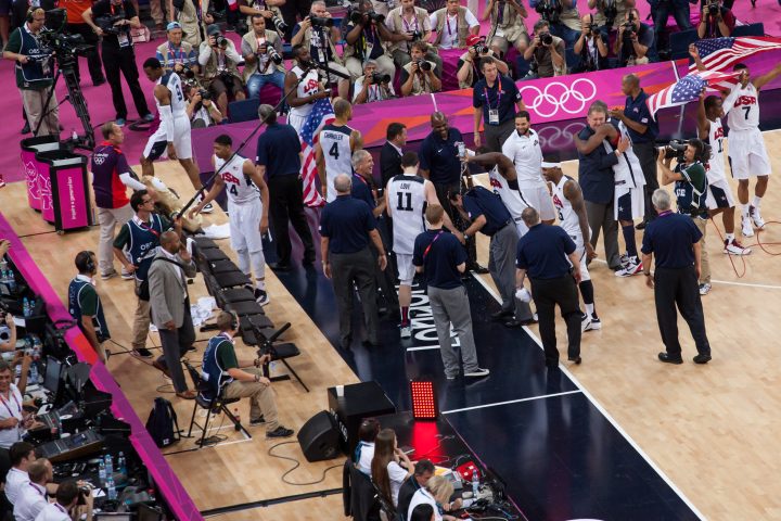 Mike Krzyzewski gets Water Dumped on Him by Lebron James London 2012 Olympics 0451