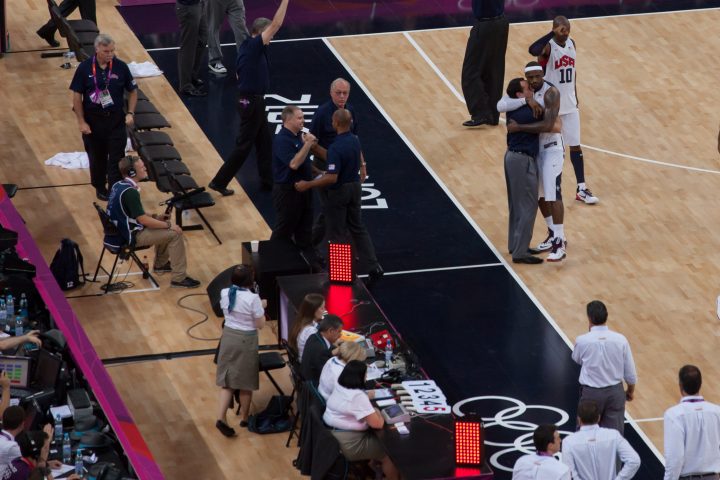 Mike Krzyzewski and Lebron James Hug London 2012 Olympics 0448