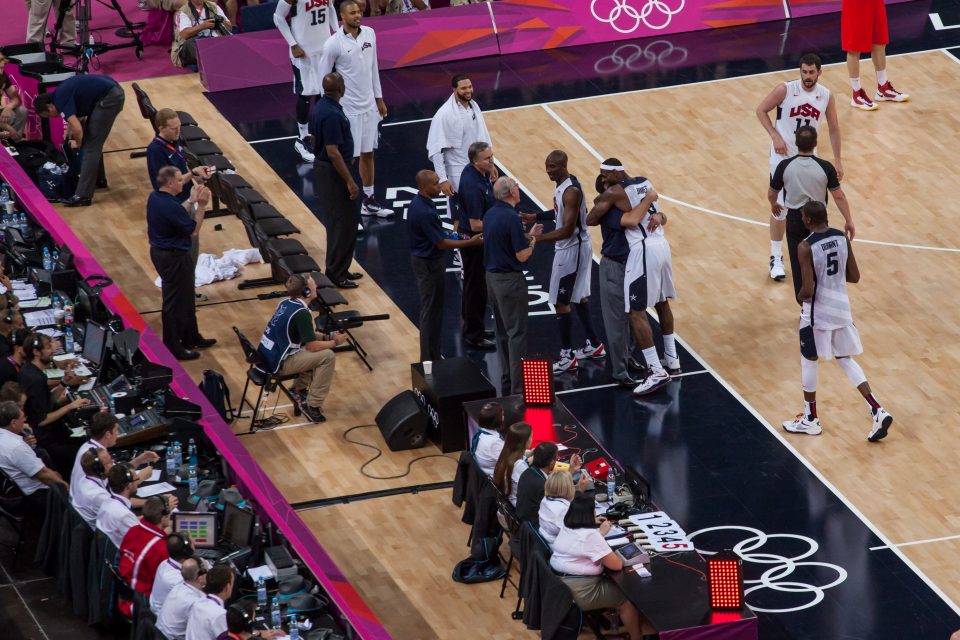 Mike Krzyzewski and Lebron James Hug London 2012 Olympics 0447