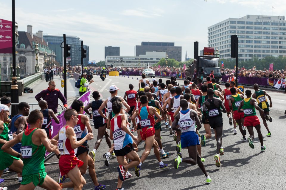 Marathoners Pour Around the Corner London 2012 Olympics 0384