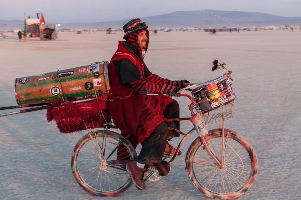 Man with Drums on His Bike Burning Man 2012 056