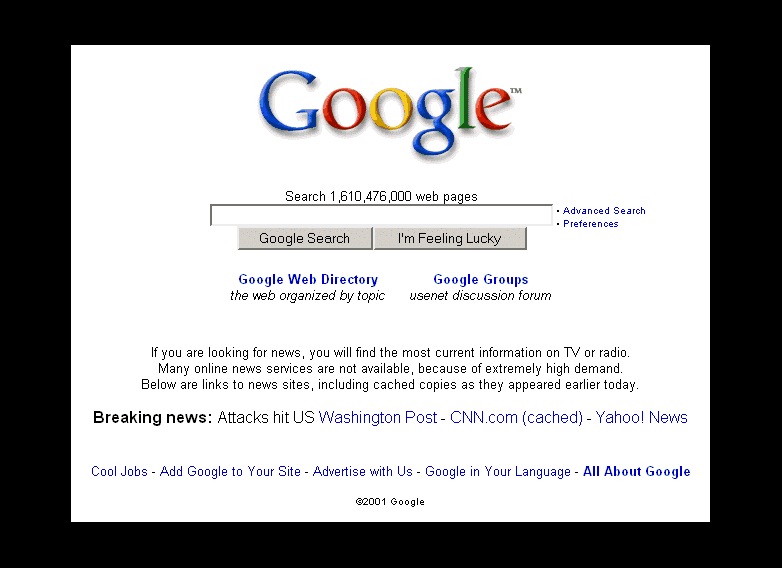 Screenshot Google Homepage on September 11th 2001 157