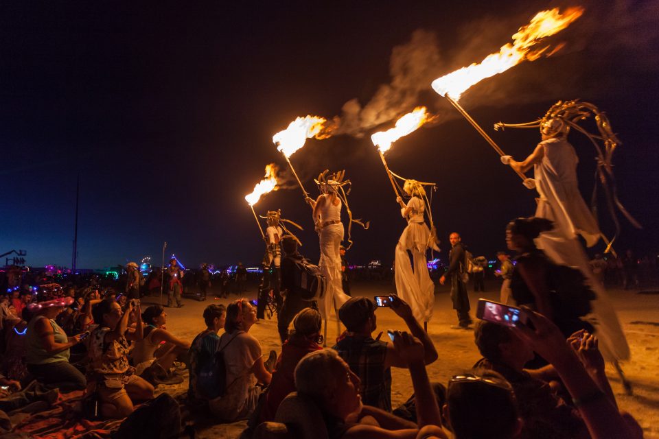 Torchbearers On Stilts At The Man Burn Burning Man 2013