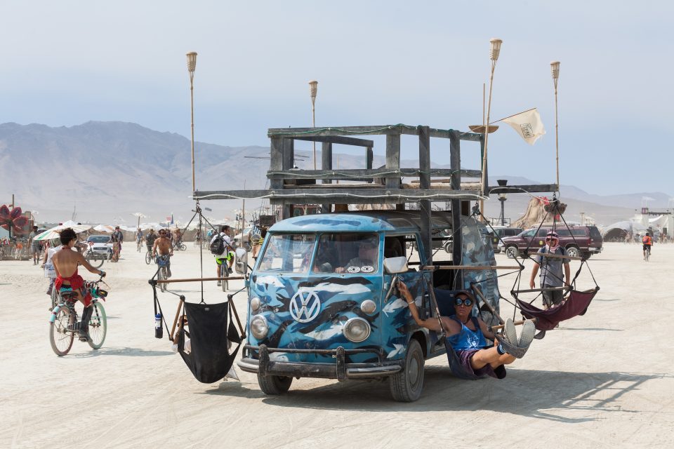VW Minibus Art Car With Hammocks Burning Man 2013