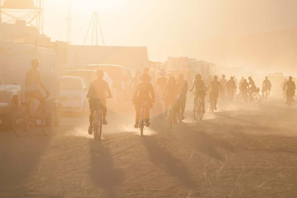 Bike Riders Heading Toward The Man At 9 Burning Man 2013