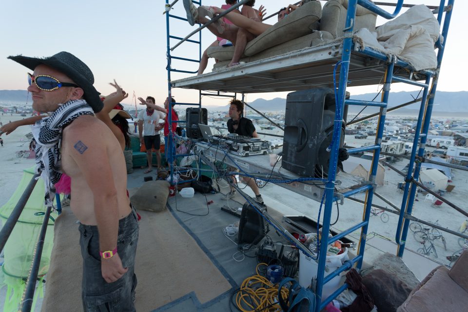 DJ Sicarii aka Matt Medved Playing Atop Scaffolding Burning Man 2013