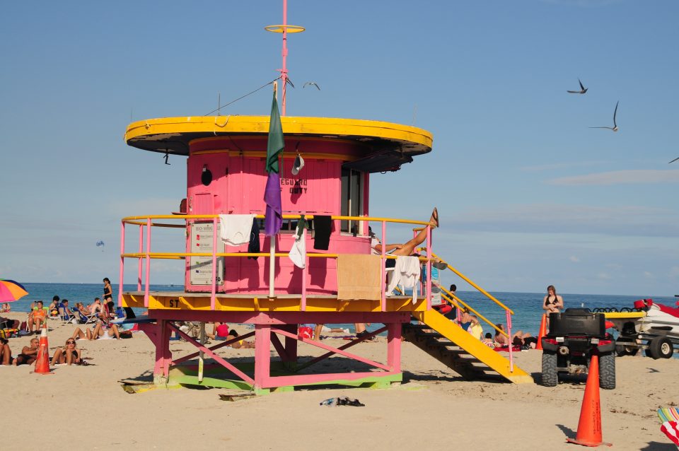 Pink lifeguard tower at the beach