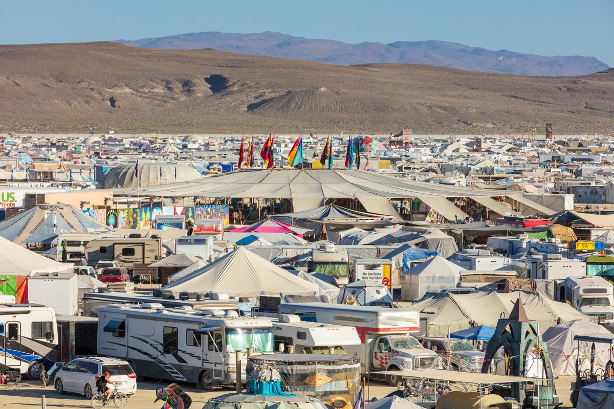 Black Rock City and Center Camp. (Please do a better job of covering or altering logos. Only because cloning them out takes forever.)