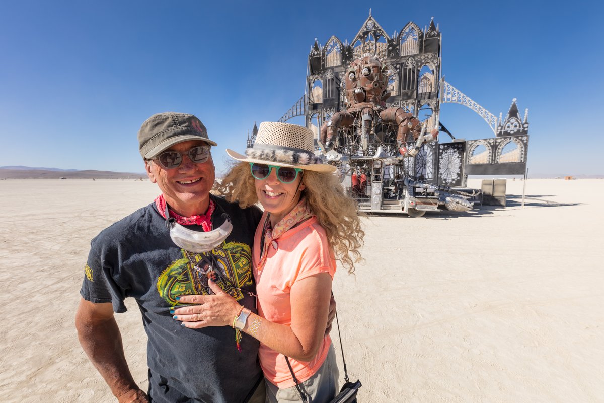Duane and Micki in front of their El Pulpo Mecanico Mutant Vehicle and Reared In Steel's Fire Kethedral