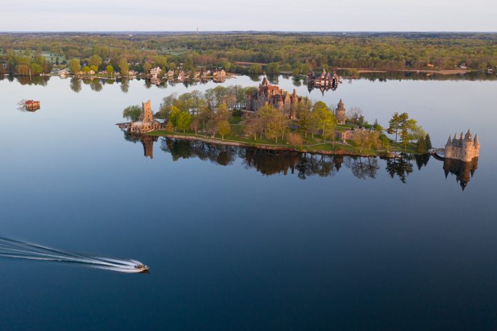 Aerial Photo of Boldt Castle with Boat in the Foreground