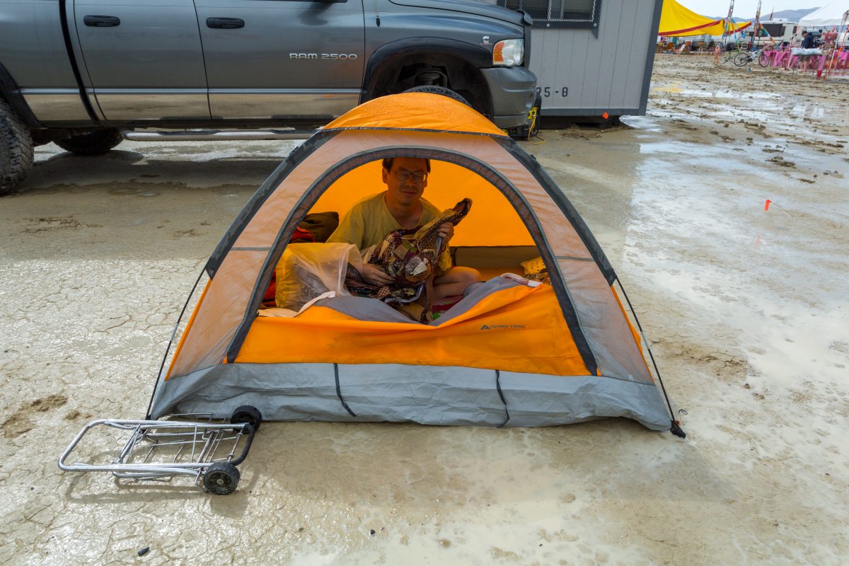 Takeshi in a tent.