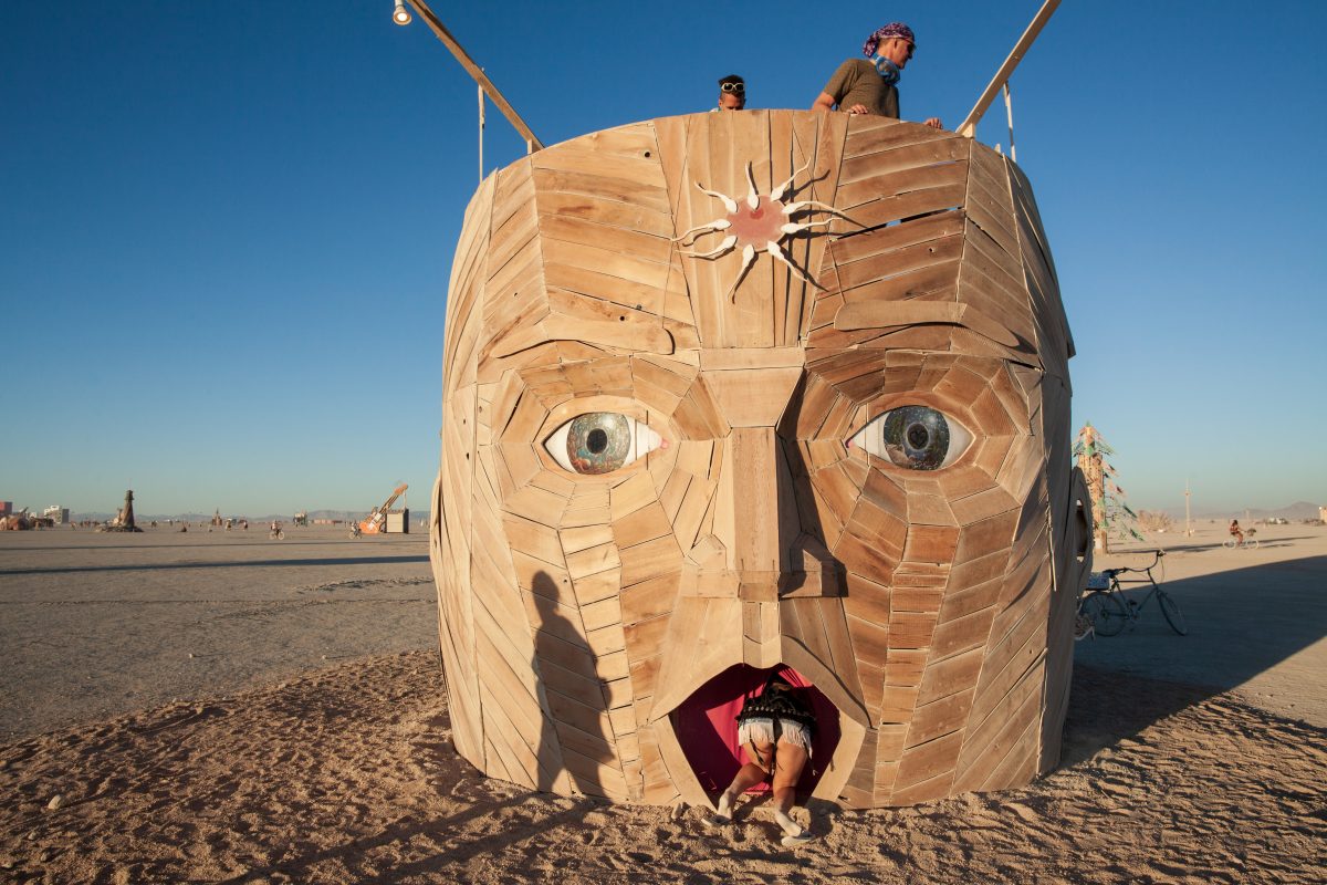 PsychoPhilia (Victoria, BC CORE) by: Kym Spencer and Kym Spencer year: 2012 As if buried up to the neck, a human head arises from the Playa; enter an orifice into the inner workings of this collaborative mind where synapses fire and a DNA-inspired ladder leads to a viewing platform rich with regi...