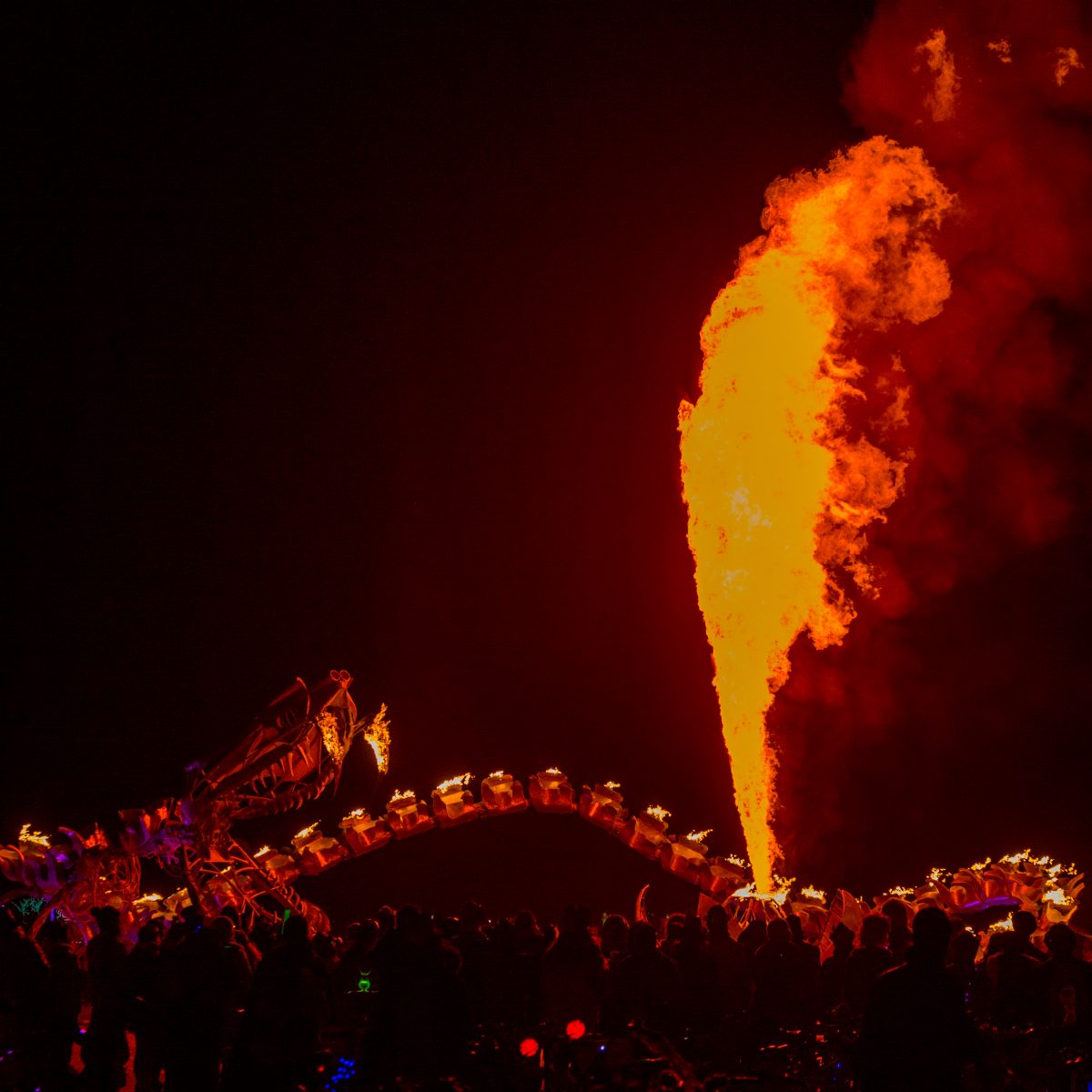 Serpent Mother from: San Francisco, CA year: 2015  The Serpent Mother is a 168′ long sculpture of a skeletal serpent, coiled around her egg. Propane fire runs down her spine, with 41 poofers erupting from the top of her gleaming vertebrae. Reaching 20' in the air, her hydraulically-actuated head ...