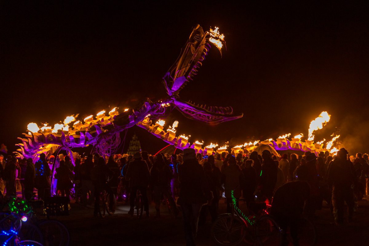 Serpent Mother from: San Francisco, CA year: 2015  The Serpent Mother is a 168′ long sculpture of a skeletal serpent, coiled around her egg. Propane fire runs down her spine, with 41 poofers erupting from the top of her gleaming vertebrae. Reaching 20' in the air, her hydraulically-actuated head ...