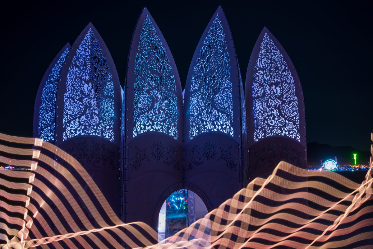 Cirque de Reflexions from: Surbiton, England year: 2015 (with light painting by me)  The Cirque de Reflexions immerses Burners in a reflective experience. It plays with the literal reflections created by mirrored facets and provokes personal and inward reflection. The intriguing outer walls resem...